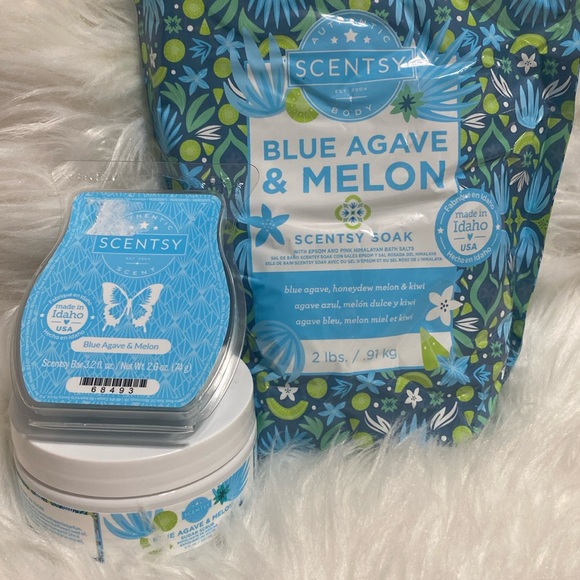 Scentsy Other - SCENTSY 3 piece lot is n BLUE AGAVE& MELON, bath soak,sugar scrub and one bar